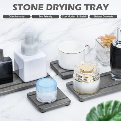 4PCS Stone Drying Trays for Bathroom Sink and Kitchen Counter - Water Absorbing Stone Tray with Diatomaceous Earth, Soap Dish and Coaster - color: Gray 2stripes