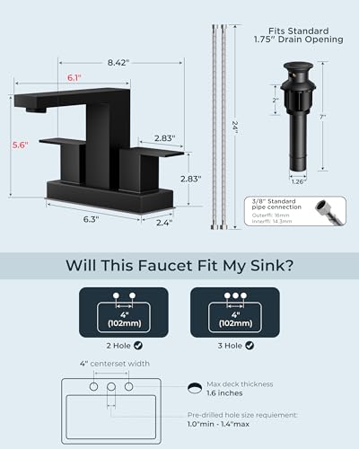 FORIOUS 4 Inch Centerset Bathroom Faucet Black, Square Black Faucet 4 in | Matte Black Centerset Bathroom Sink Faucet 2 Hole, 4 Inch Bathroom Sink Faucet 2 Handle with Drain and Water Saving Aerator - color: Matte Black, style: Classic