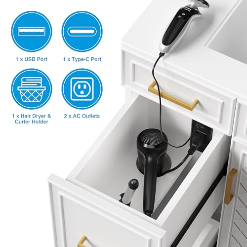 30" Bathroom Vanity with Sink, Solid Wood Frame Modern with Charging Station, Bathroom Single Sink Cabinet with 2 Drawers and 1 Doors, Gold Metal Handles, White - color: White, size: 30 inch
