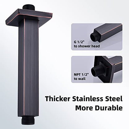 6 Inch Oil Rubbed Bronze Square Ceiling Mount Shower Arm Flange | Stainless Steel Rain Straight Shower Head Extension Pipe, Brushed ORB - color: Oil Rubbed Bronze, style: 6 Inches