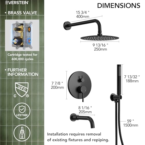 10" High-Pressure Rainfall Shower System with Handheld Spray, Wall Mount Bathroom Shower Faucet Set with Tub Spout (Matte Black) - color: Matte Black, style: With Tub Spout