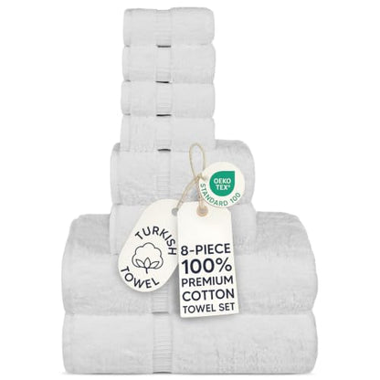Chakir Turkish Linens Set of 8 Towel Set, 100% Cotton Luxury Turkish Towels for Bathroom, Soft Absorbent Bath Towel Set with 2 Bath Towels 2 Hand Towels 4 Washcloths, White - color: White
