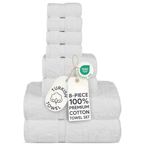 Chakir Turkish Linens Set of 8 Towel Set, 100% Cotton Luxury Turkish Towels for Bathroom, Soft Absorbent Bath Towel Set with 2 Bath Towels 2 Hand Towels 4 Washcloths, White - color: White