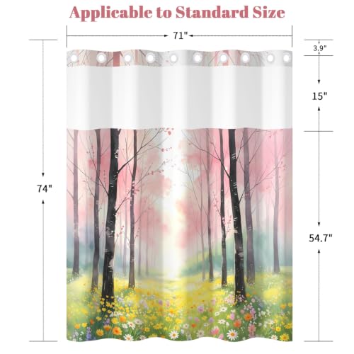 No Hook Woodland Shower Curtain with Snap in Liner, 71x74 Inch | Mesh Top & Double Layer Waterproof Bath Curtain, Whimsical Pink Blossom Trees & Wildflower Meadow Design for Girls Bathroom - color: Trees and Wildflowers