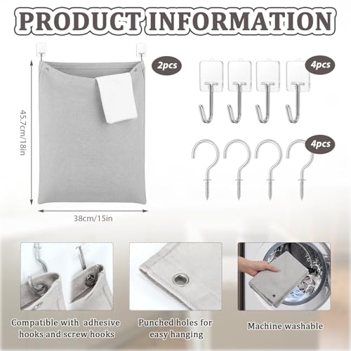 Tingjoo 2 Pack Reusable Dirty Rag Storage Bag Grey Cotton Dish Towel Cloth Bag with Hooks Hanging Kitchen Dish Rag Holder for Cabinet Door Organizer and Kitchen Laundry Room Bathroom Storage