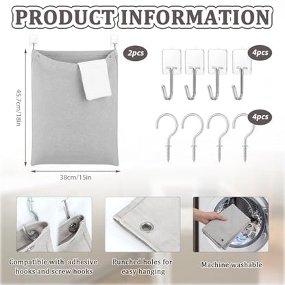 Tingjoo 2 Pack Reusable Dirty Rag Storage Bag Grey Cotton Dish Towel Cloth Bag with Hooks Hanging Kitchen Dish Rag Holder for Cabinet Door Organizer and Kitchen Laundry Room Bathroom Storage