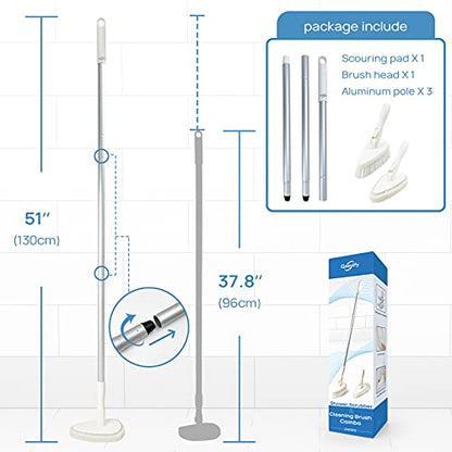 Qaestfy Shower Scrubber Cleaning Brush Combo Bath Tub Tile Cleaner Scrubber Brush with 51'' Adjustable Long Handle Scrub Brush for Bathroom Shower Bathtub Wall Mop Cleaning Scrubbing - color: White