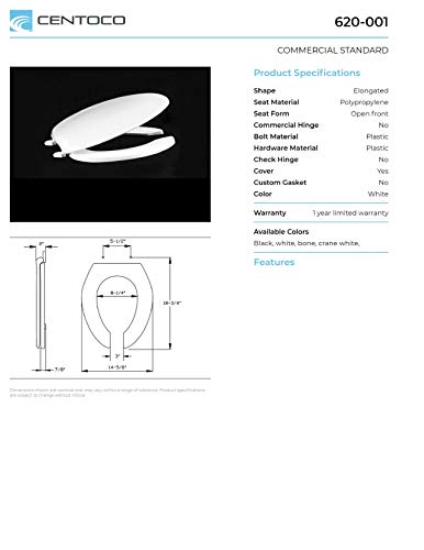 Centoco Elongated Toilet Seat, Open Front, Residential/Commercial, White | Heavy Duty Hinge, Plastic, Open Front with Cover, Regular Duty Residential or Light Weight Commercial Use, 620-001 - color: White, size: Elongated, style: Open Front