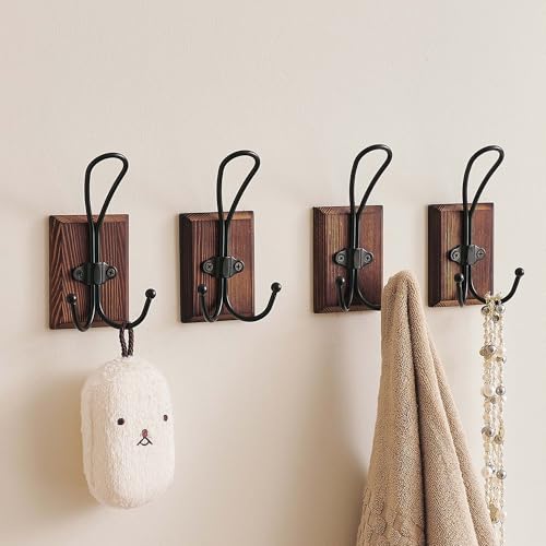 4 Pack Farmhouse Towel Hooks for Bathrooms, Heavy Duty Adhesive Mounted & Wall Mount Rustic Farmhouse Decorative Wood Wall Hooks for Hanging Towel Robe Coat (Brown) - color: Brown