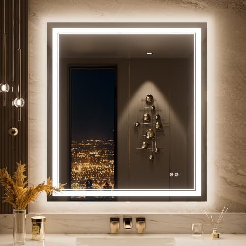 Keonjinn 32" x 36" Bathroom Mirror with Lights, Front & Backlit, Dimmable | Safe HD Tempered Glass, 3 Color Lights, Effortless French Cleat Installation, Defogging, Memory Function, LED Vanity Mirror - size: 36"L x 32"W