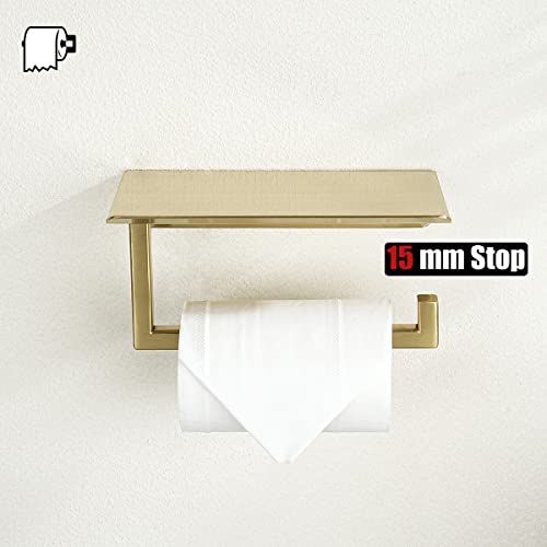 JQK Toilet Paper Holder Shelf, Bathroom Tissue Roll Holder with Phone Shelf, 5 Inch 304 Stainless Steel Tissue Paper Dispenser, Brushed Gold Finished Wall Mount, TPH202-BG - color: Gold