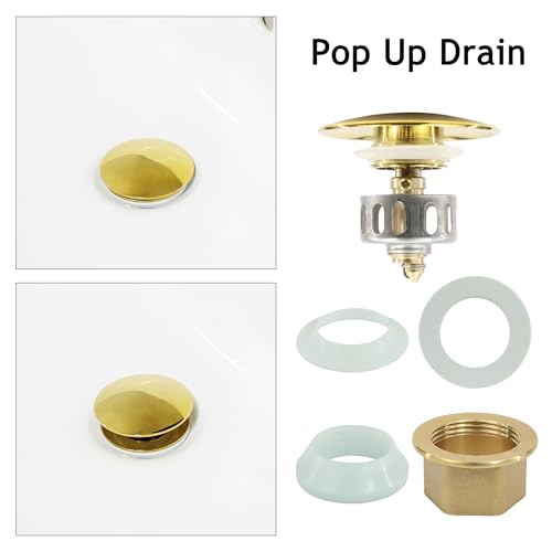 Bathroom Sink Drain, 4 Pack Gold Drain Stopper with Overflow,Pop Up Drain Assembly Without Detachable Strainer Basket,Built-in Anti-Clogging Strainer,Stainless Steel - color: 4 Pack-gold-big Cap, style: With Overflow
