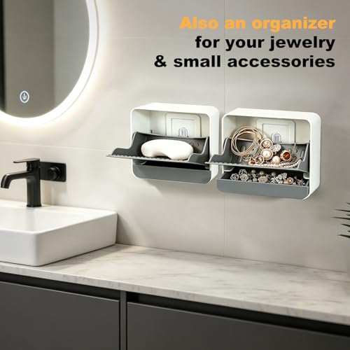 Strong Adhesive Hook Wall-Mounted Soap Dish Holder, 2-Layer Draining Tray with Removable Container, Keeps Soap Dry for Bathroom, Shower, Sink, Kitchen- Space Saver (1-Pack Grey-Single Compartment) - color: 1-pk Grey-single Compartment