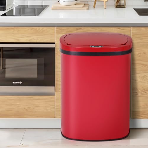 Dkeli 13 Gallon Kitchen Trash Can Garbage Can Waste Bin with Lid Automatic Touchless Stainless Steel Durable Trash Can for Home Office Living Room Bedroom, 50 Liter, Red - color: Red, size: 17 x 13 x 23 inches
