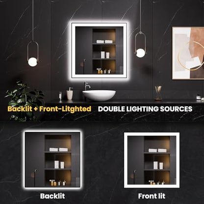 LOAAO 32"X32" LED Bathroom Mirror Black Framed | Anti-Fog, Dimmable, Memory Function, Tempered Glass, Lighted Vanity Mirror for Wall - size: 32"L x 32"W