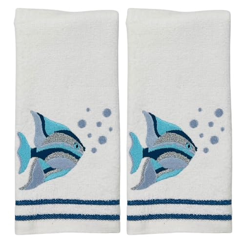 Serafina Home Coastal Fingertip Towels for Bathroom – Set of 2 White 100% Cotton Embroidered Fish with Bubbles Design – 12 x 18” Bath & Kitchen Décor - color: Fish 2