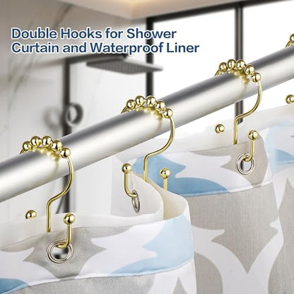 DAWNER Shower Curtain Hooks Rings, Rust Proof Hooks, Metal Easy Glide Double Shower Rings Hooks, Stainless Steel Shower Curtain Hangers for Bathroom Shower Curtains, Set of 12 Hooks, Gold Color - color: Gold