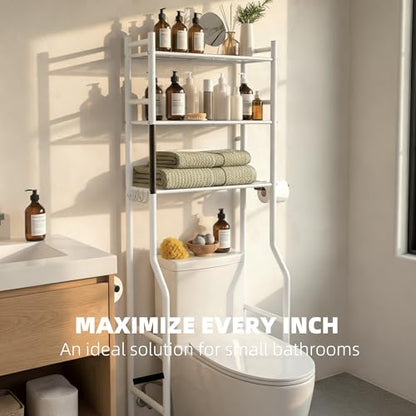 GloTika 3-Tier Over Toilet Storage, Anti-Tilt, 64" H, White | Anti-Tilt Safety System, 150lb Capacity, Carbon Steel, Freestanding, No Drilling, Anti-Rust Coating, Paper Holder & 4 Hooks - color: White, size: 3-Tier
