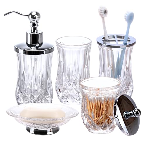 Clear Bathroom Accessories, Round Thick Glass & Metal Pump | Beautiful & weight, 5 pcs soap dispenser, toothbrush holder, soap dish, tumbler & jar, for mission/amish style - style: Round(Clear)