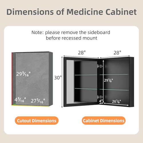 28 x 30 Inch Large Aluminum Medicine Cabinet with Beveled Mirror, Black | Soft-close Hinge, Oversized Beveled Edge Mirrored Door, Recessed or Surface Mount, Adjustable Glass Shelves - size: 28 in. x 30 in.