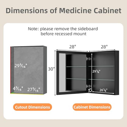 28 x 30 Inch Large Aluminum Medicine Cabinet with Beveled Mirror, Black | Soft-close Hinge, Oversized Beveled Edge Mirrored Door, Recessed or Surface Mount, Adjustable Glass Shelves - size: 28 in. x 30 in.