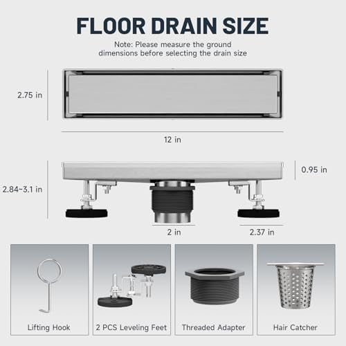 Linear Shower Drain 12 Inch Shower Trench Drain with Tile Insert Grate | Evolvegoods 304 Stainless Steel Bathroom Floor Drain,Rectangular Shower Drain with Leveling Feet,Hair Strainer,Brushed Nickel - size: 12 Inches