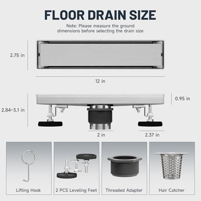 Linear Shower Drain 12 Inch Shower Trench Drain with Tile Insert Grate | Evolvegoods 304 Stainless Steel Bathroom Floor Drain,Rectangular Shower Drain with Leveling Feet,Hair Strainer,Brushed Nickel - size: 12 Inches