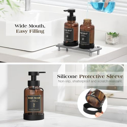 Luxspire 15oz Glass Foaming Soap Dispenser Set, Amber + Dark Gray, 2 Pack | Anti-drip pump, wide mouth easy refill, non-slip silicone base, 7 waterproof labels, refillable glass for hand dish soap - color: Brown