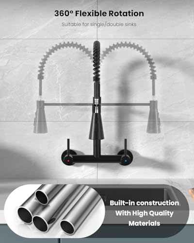 Matte Black Wall Mount Kitchen Sink Faucet 2 Handles, 8 Inch Center Wall Commercial Utility Sink Faucet with Pull Out Sprayer 3 Modes, Stainless Steel - color: 2-Handle-Black, style: Wall Mount