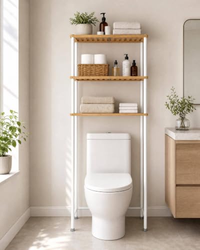 LiSHELF Bamboo Over The Toilet Storage Shelf 3-Tier Bathroom Organizer Rack Freestanding Above Toilet Shelves Space Saver for Small Bathroom, Laundry, White