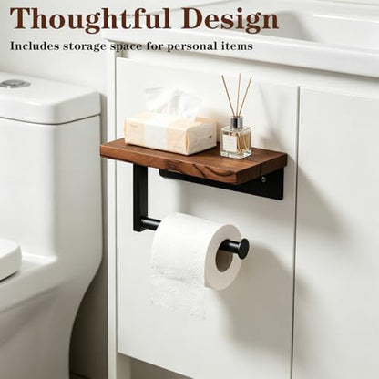 Toilet Paper Holder with Shelf, Thicken Metal Wall Mounted Toilet Roll Holders for Bathroom Washroom, Modern Toilet Tissue Holder Rustproof Paper Towel Storage Bathroom Decor (Black)
