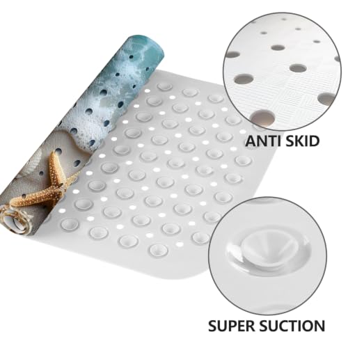 LNOND Summer Beach Bathtub Mat Non Slip, 40 X 16 Inch Tub Mat for Bathroom, Blue Sand Starfish Bath Tub Shower Mat with Drain Holes and Suction Cups - color: Blue Sand Starfish Bathtub Mat