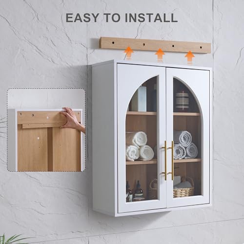 Bathroom Wall Cabinet, 23.5×31.4'' Storage Cabinet, Arched Cabinet Wall Mount with Adjustable Shelf & Glass Doors, Medicine Cabinet for Laundry Room, Bathroom, Kitchen, Living,White/Natural Oak,1PC - color: White/Natural Oak
