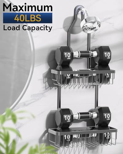 Never Rust Shower Caddy Hanging, Aluminum Shower Racks for Inside Shower, 2-Tier Shower Organizer Hanging Over Shower Head with Hooks and Soap Holder, Grey - color: Grey