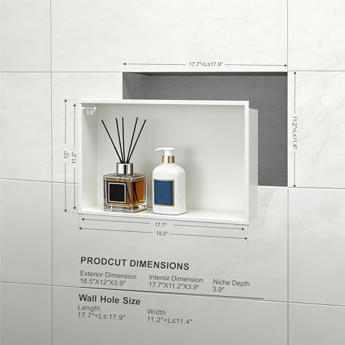 Achelous Stainless Steel Insert Shower Niche 18" X 12" NO Tile Needed, Bathroom Wall Niche Recessed Shower Shelf Organizer, Wall-Inserted Niche Recessed Shower Caddy, Matte White - color: Matte White, size: 18" X 12"