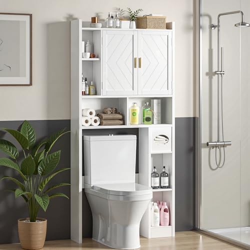 VECELO Over The Toilet Storage Cabinet, Storage Cabinet Over Toilet with Adjustable Shelves & Toilet Paper Holder Stand, Home Space-Saving Toilet Storage, for Bathroom, Restroom, Laundry, White - size: 32.3 inches x 7.8 inches x 70.2 inches