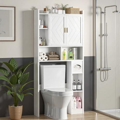 VECELO Over The Toilet Storage Cabinet, Storage Cabinet Over Toilet with Adjustable Shelves & Toilet Paper Holder Stand, Home Space-Saving Toilet Storage, for Bathroom, Restroom, Laundry, White - size: 32.3 inches x 7.8 inches x 70.2 inches