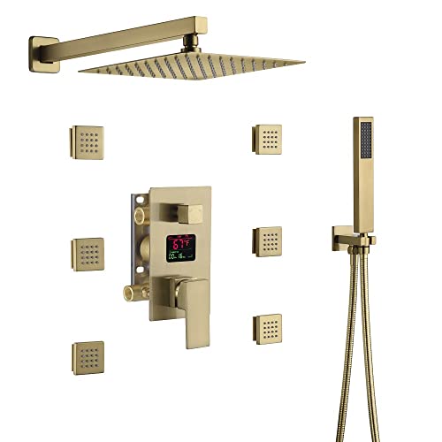 Cascada Digital 12” Wall Mounted Shower System with Single Handle & LCD Display, 3 Functions (Rainfall, Body jets & Handheld) (Matt Black) - color: Matt Black
