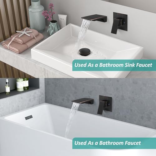 Wall Mount Bathroom Faucet, Waterfall Tub Filler, Bronze | SUS304 Waterfall Spout, Rough-In Valve, Single-Handle Control, 1/2-Inch NPT, Flexible Handle Placement - color: Bronze