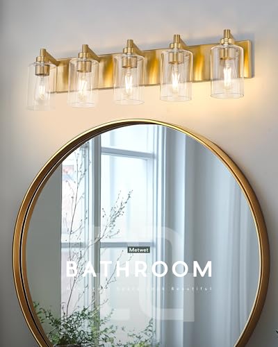 5-Light Brushed Gold Bathroom Vanity Light, Clear Cylinder Glass | 30" modern bathroom light fixtures over mirror, E26 base, bulbs not included, VL143-BG-5 - color: Brushed Gold, Cylinder Glass Shade, size: 5-light