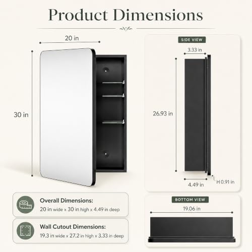 20x30 Black Medicine Cabinet with Mirror, Recessed & Surface Mount | Bathroom mirror with storage: 6 adjustable shelves fit tall bottles; DTC soft-close hinges; rust-resistant aluminum - size: 20" x 30"
