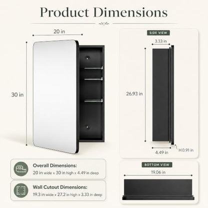 20x30 Black Medicine Cabinet with Mirror, Recessed & Surface Mount | Bathroom mirror with storage: 6 adjustable shelves fit tall bottles; DTC soft-close hinges; rust-resistant aluminum - size: 20" x 30"