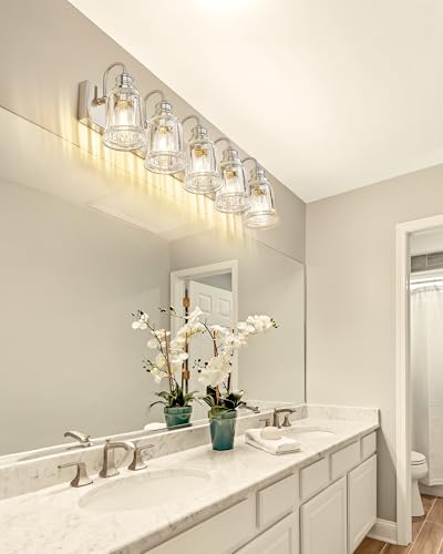Bathroom Light Fixtures, HWH 5-Light Vanity Light, Modern Brushed Nickel Wall Lighting Over Mirror, Bell-Shaped Striped Glass, 5HZG106B-5W BN - color: Brushed Nickel, size: 5-Light