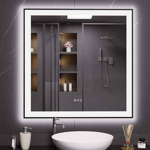 LOAAO 32"X32" LED Bathroom Mirror Black Framed | Anti-Fog, Dimmable, Memory Function, Tempered Glass, Lighted Vanity Mirror for Wall - size: 32"L x 32"W