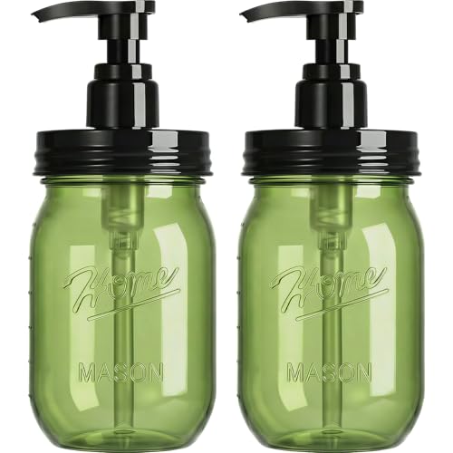 Amolliar Plastic Mason Jar Soap Dispenser with Pump Lid 16OZ - 2Pack Green | Refillable BPA-Free Hand Soap Dispenser Set with Cute Lables, Farmhouse Decor for Kitchen Bathroom Liquid Dish Soap Lotion - color: Green Jar With Black Pump