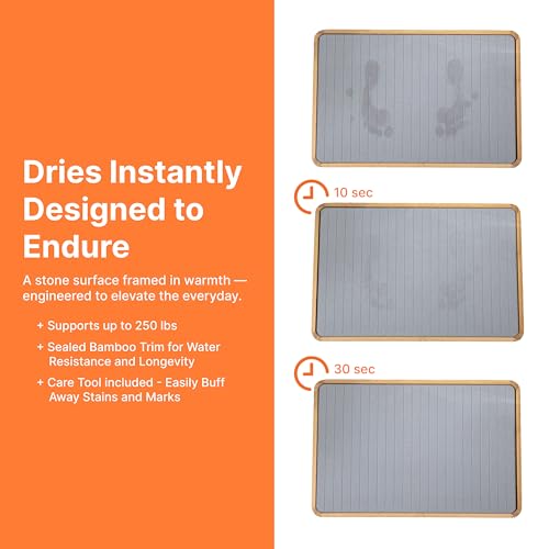 Stone Bath Mat with Bamboo Trim - Quick-Dry Diatomaceous Earth Shower Mat | Super Absorbent, Non-Slip, Minimalist Bathroom Floor Mat for Spa Style Décor, Bathroom, Kitchen, Entryway - Stone Grey