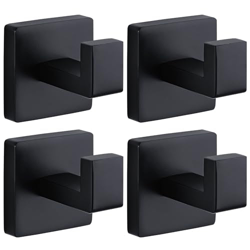 Towel Hooks for Bathrooms Robe Hook Coat Hook 4 Pack Matte Black Stainless Steel Heavy Duty 33 Lbs Wall Mounted Square Hooks for Bathroom Kitchen Bedroom - color: Matte Black
