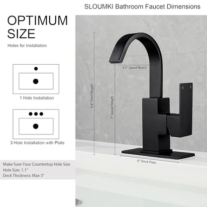 Matte Black Bathroom Faucet Waterfall Faucet Bathroom Vanity with 360 Degree Swivel Spout, Single Hole Bar Sink Faucet with Hose and 6 "Deck Plate,SL5004BK - color: Matte Black, size: Short