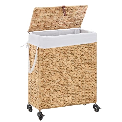 Rolling Laundry Hamper with Lid and Wheels, Slim Laundry Basket with Removable Liner Bag & 2 Mesh Bags, Handwoven Water Hyacinth Clothes Hamper for Bedroom Bathroom (Natural, 65L) - color: Natural/With Lid/65L