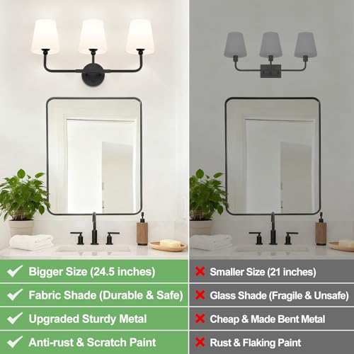 MOKATNG Bathroom Light Fixtures, 3-Light Matte Black Vanity Lights, Bathroom Lighting Fixtures Over Mirror with Flared White Fabric Shade, Modern Wall Sconces for Living Room Hallway - color: Matte Black & White Shade